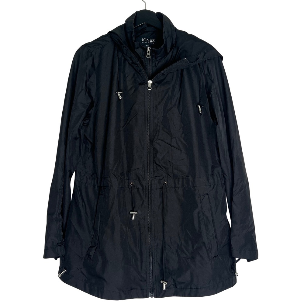 Jones New York Womens Black Hooded Anorak Windbreaker Jacket M Packable